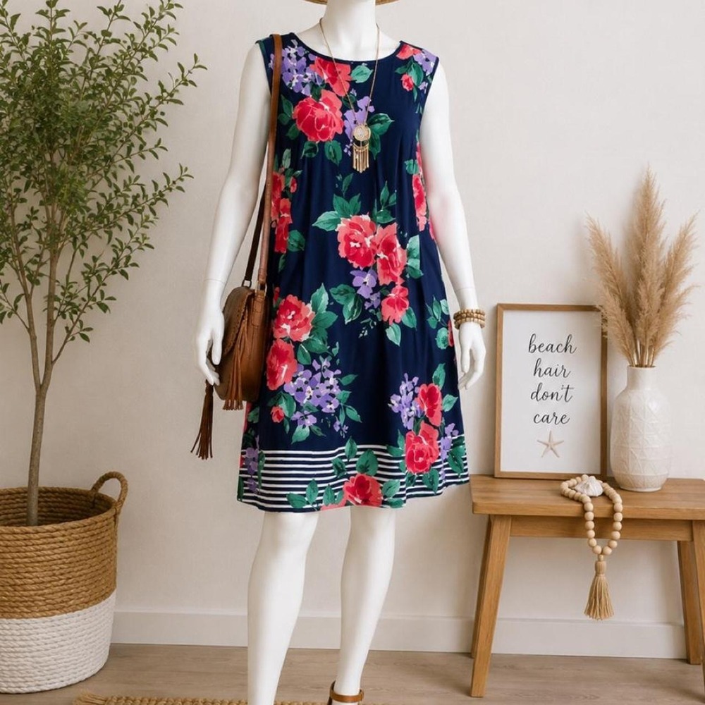J. Howard Navy Floral Sleeveless Midi Dress Women's 14W Fit & Flare